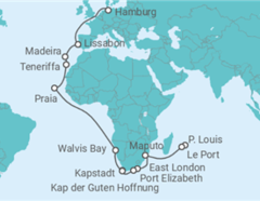 Reiseroute der Kreuzfahrt  Von Mauritius nach Hamburg  Alles Inklusive - mit Flug - AIDA