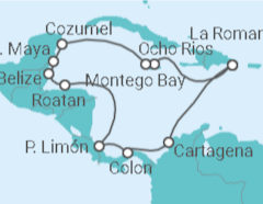 Reiseroute der Kreuzfahrt  14 Nächte - Festtage in Mittelamerika - ab/bis Montego Bay - mit Flug - Mein Schiff