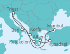 Reiseroute der Kreuzfahrt  Griechenland, Italien, Türkei - MSC Cruceros