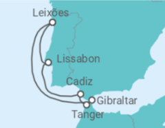 Reiseroute der Kreuzfahrt  7 Nächte - Sommerzeit an der Westküste mit Cádiz - ab/bis Leixoes (Porto) - Mein Schiff