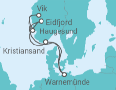 Reiseroute der Kreuzfahrt  Norwegens Fjorde ab Warnemünde - AIDA