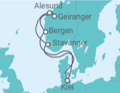 Reiseroute der Kreuzfahrt  Norwegens Welterbe ab Kiel 1 - AIDA