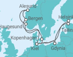 Reiseroute der Kreuzfahrt  14 Nächte - Ostseemetropolen und Zauberhaftes Norwegen - ab/bis Kiel - Mein Schiff