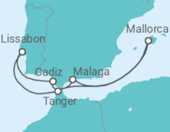 Reiseroute der Kreuzfahrt  9 Nächte - Sonniges Iberien und Marokko - ab/bis Palma - Mein Schiff