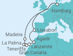 Reiseroute der Kreuzfahrt  19 Nächte - Zeitlose Kanaren - ab/bis Hamburg - Mein Schiff