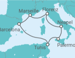 Reiseroute der Kreuzfahrt  Frankreich, Spanien, Tunesien, Italien - MSC Cruceros