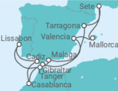 Reiseroute der Kreuzfahrt  Spanien, Gibraltar, Marokko, Portugal, Frankreich - Celestyal Cruises