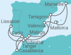 Reiseroute der Kreuzfahrt  Spanien, Gibraltar, Marokko, Portugal, Frankreich - Celestyal Cruises
