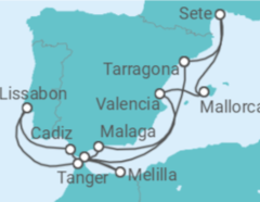 Reiseroute der Kreuzfahrt  Spanien, Gibraltar, Portugal, Marokko, Frankreich - Celestyal Cruises