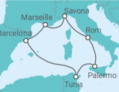 Reiseroute der Kreuzfahrt  Tunesien, Italien, Frankreich - Costa Kreuzfahrten