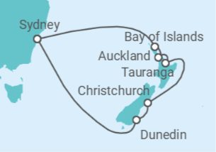 Reiseroute der Kreuzfahrt  Strände, Berge, Regenwälder& Maori mit Sydney - Celebrity Cruises