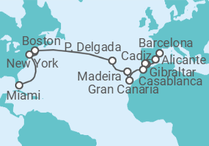 Reiseroute der Kreuzfahrt  Kanaren, Azoren, New York und Miami - MSC Cruises