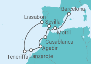 Reiseroute der Kreuzfahrt  Atlantik und Mittelmeer mit Lissabon & Barcelona - NCL Norwegian Cruise Line