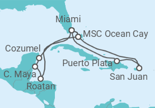 Reiseroute der Kreuzfahrt  Karibik 15 Tage All Inclusive mit Anreisepaket - MSC Cruises