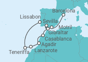 Reiseroute der Kreuzfahrt  Mittelmeer und Atlantik mit Barcelona & Lissabon - NCL Norwegian Cruise Line